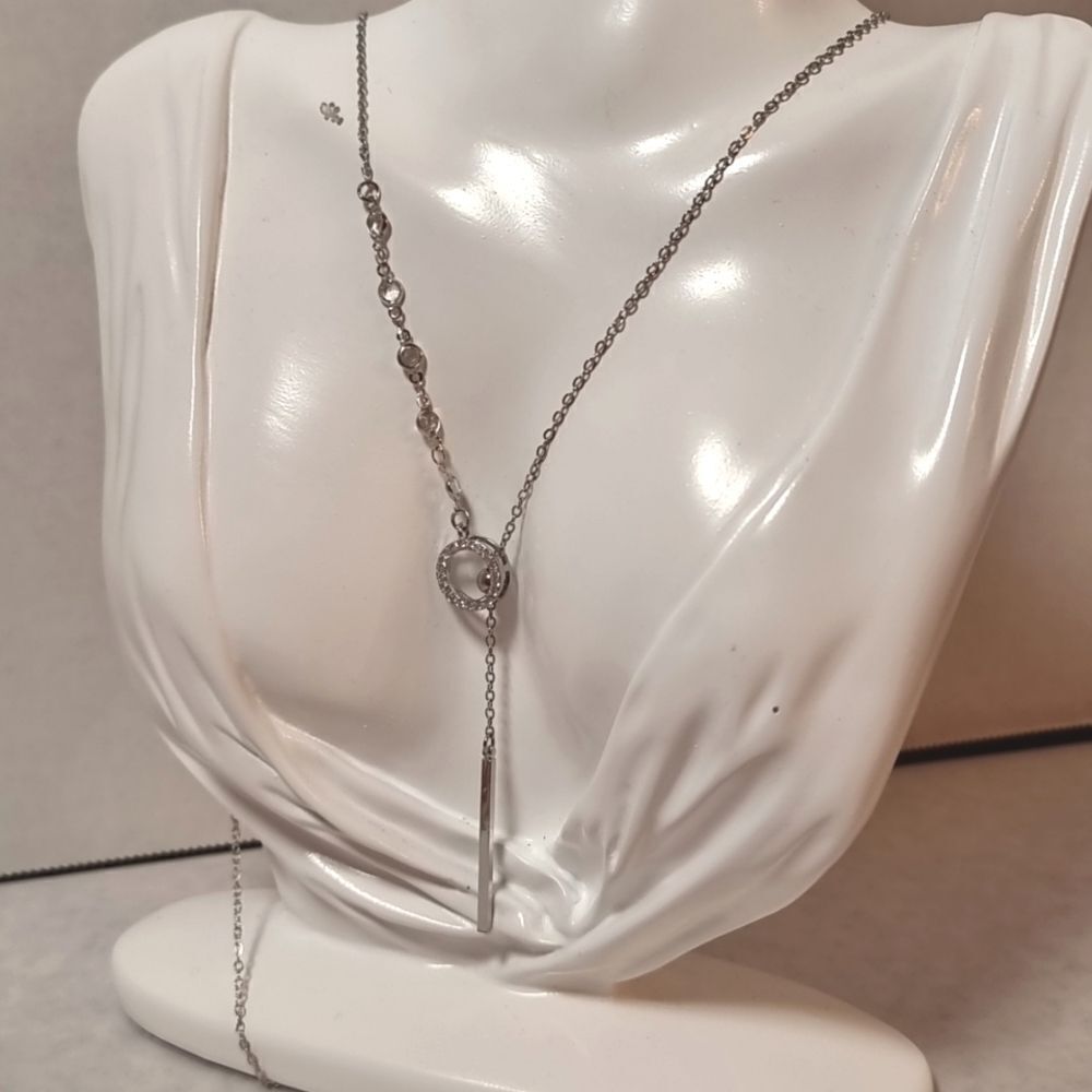 SILVER RHINESTONE CIRCLE THREADER BAR SWEATER NECKLACE w detail